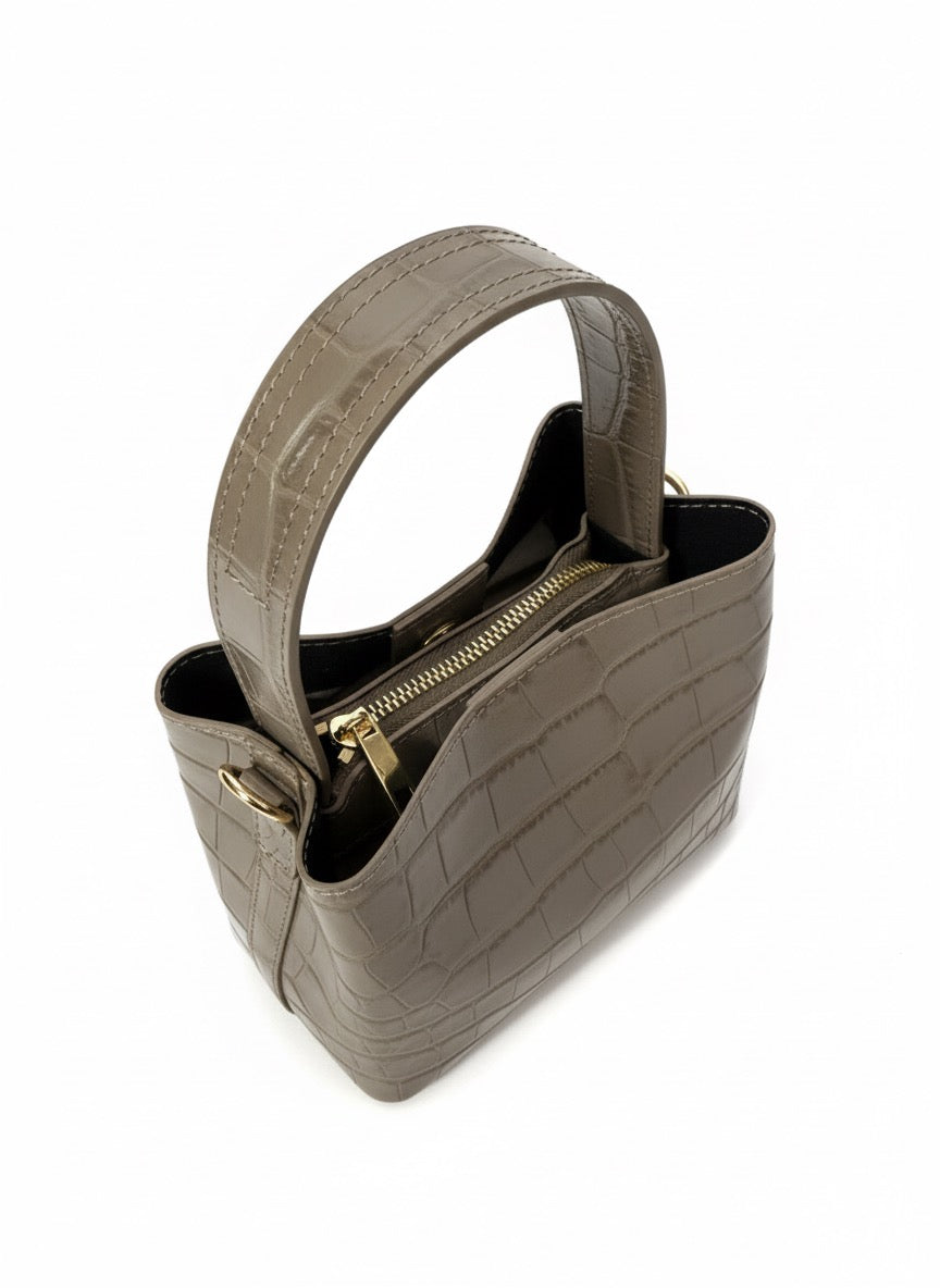 Poșetă din Piele Naturală Mara Taupe Croco Curea Reglabilă Made in Italy