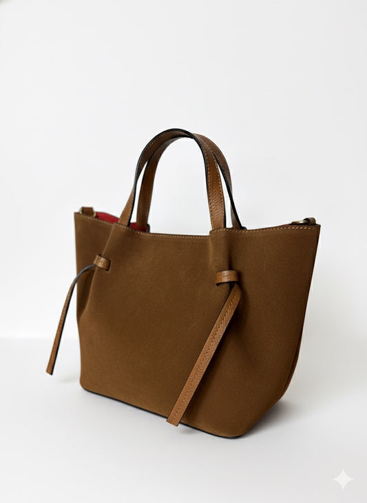 Suede Tote Bag with Red Interior - Camel