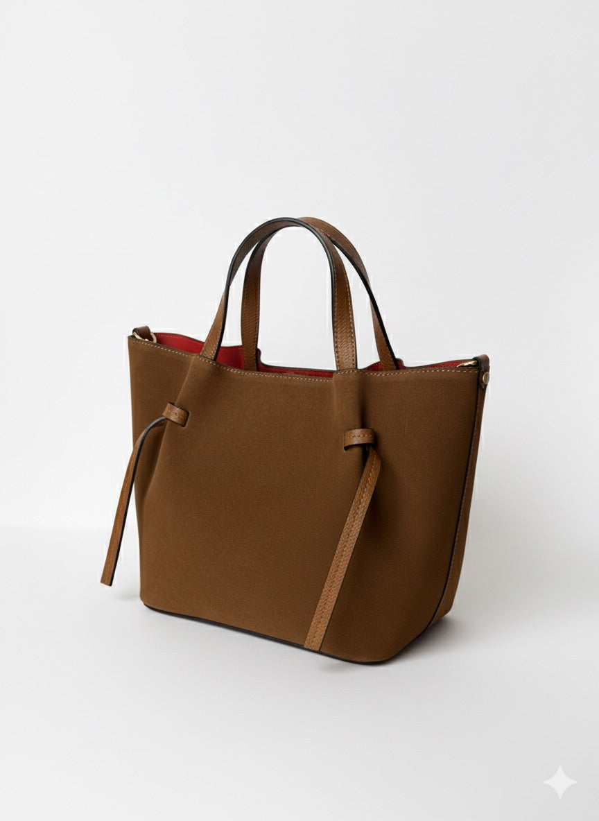 Suede Tote Bag with Red Interior - Camel