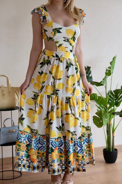 Rochie Lungă cu Lămăi Amalfi și Cut-Out - Made in Italy
