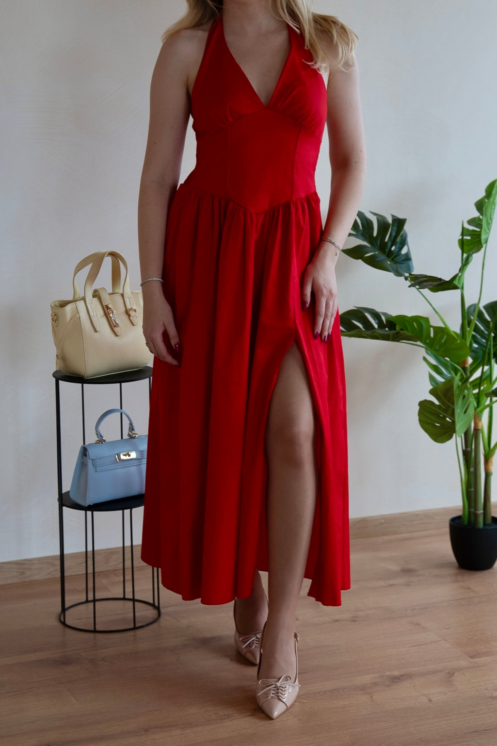 Rochie de Vară Roșie Marta cu Șliț Inalt - Made in Italy
