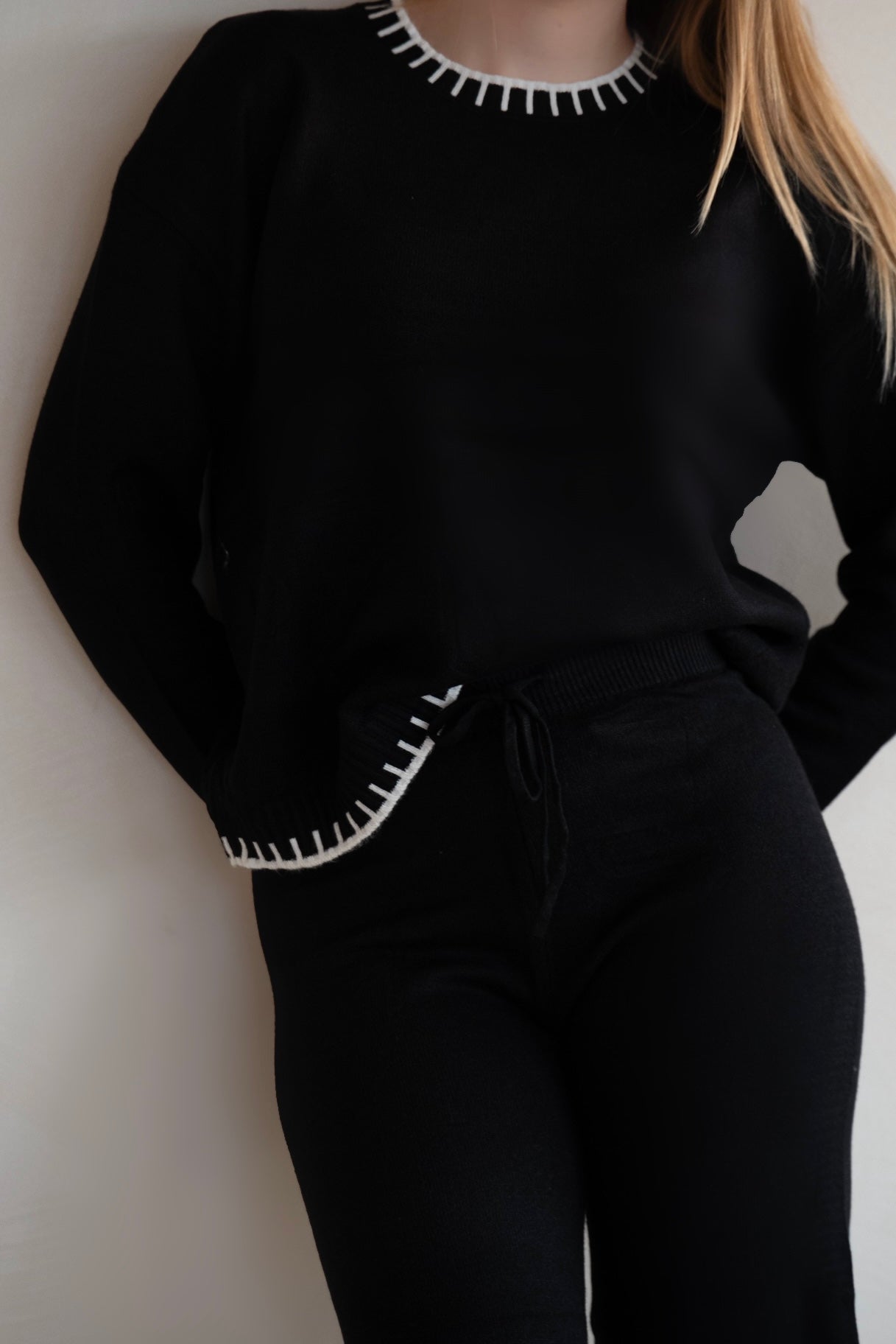 Black Knit Lounge Set with Contrast Trim