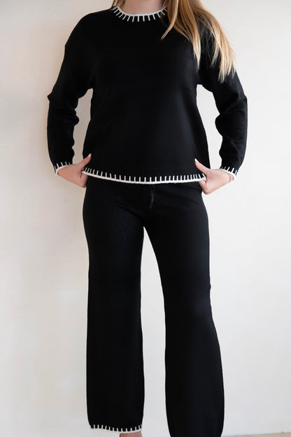 Black Knit Lounge Set with Contrast Trim