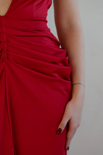 Halter Neck Ruched Red Gown