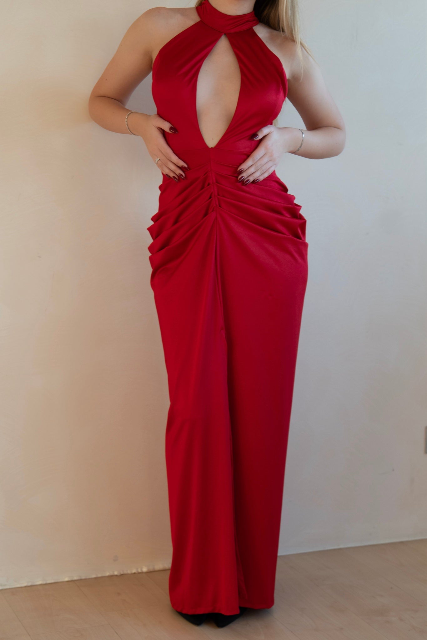 Halter Neck Ruched Red Gown
