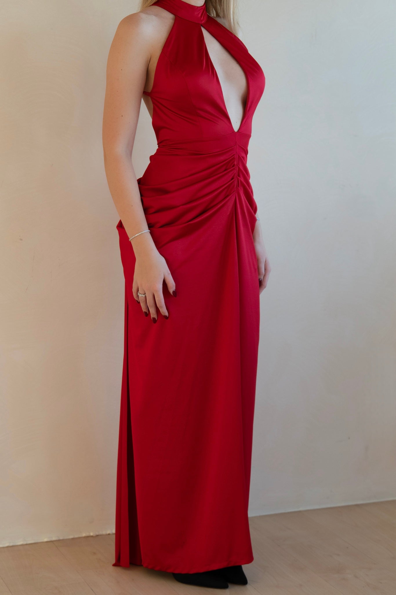Halter Neck Ruched Red Gown