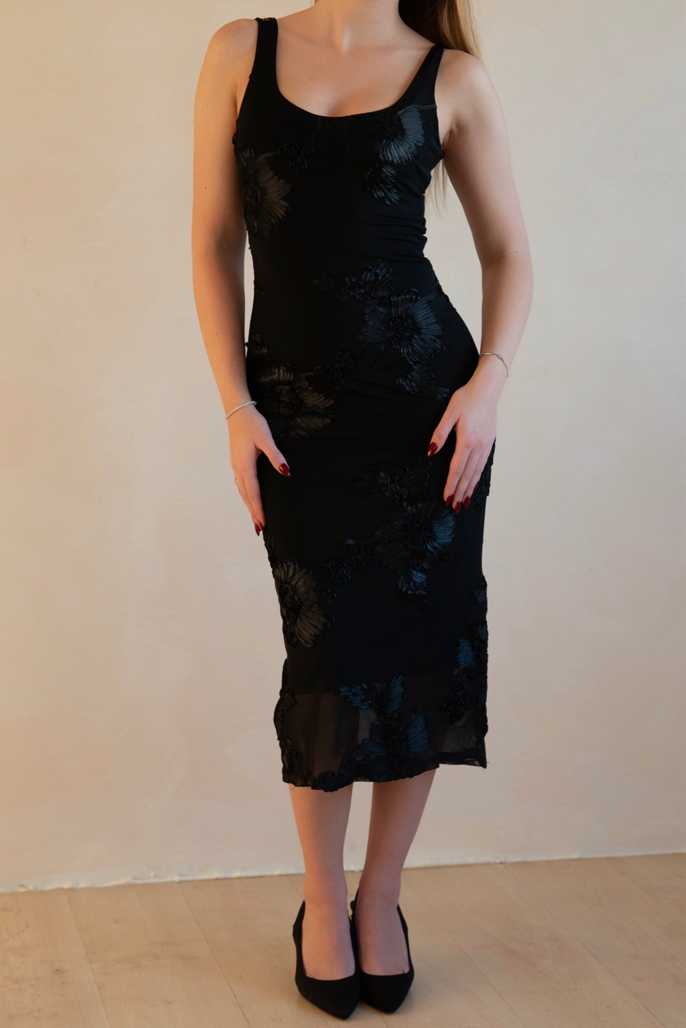 Black Floral Embroidered Midi Dress