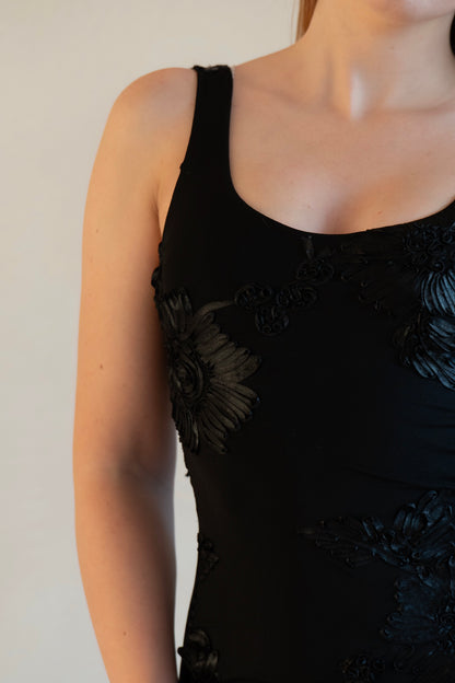 Black Floral Embroidered Midi Dress