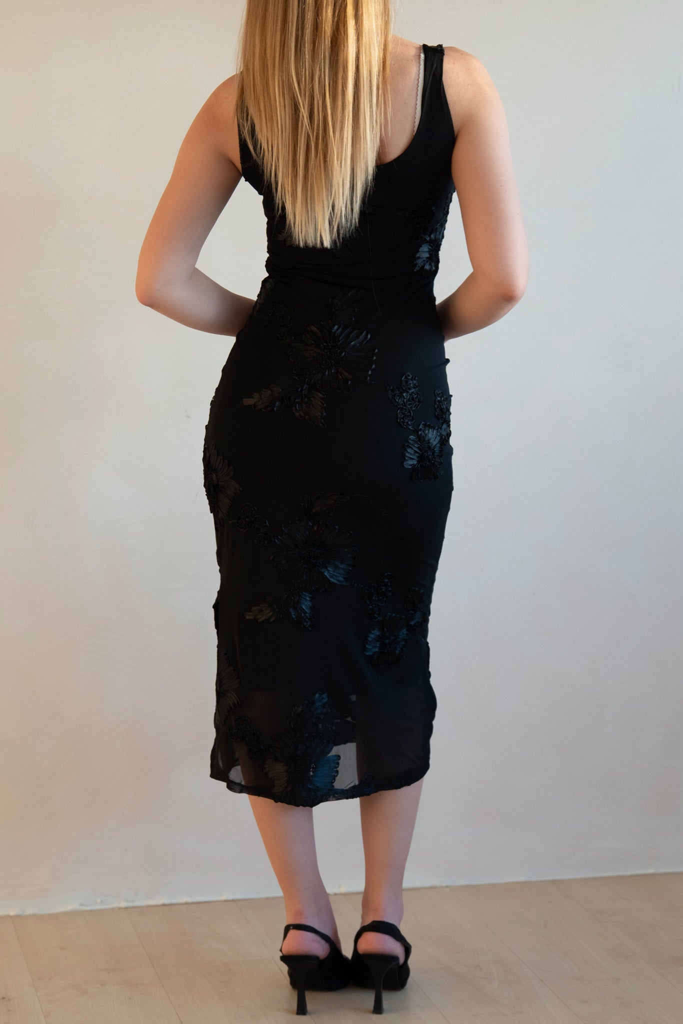Black Floral Embroidered Midi Dress