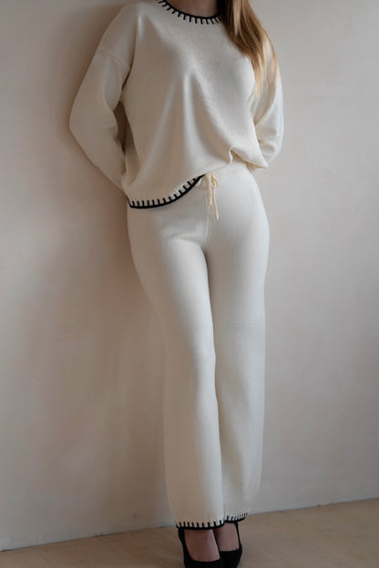 White Knit Lounge Set with Contrast Trim