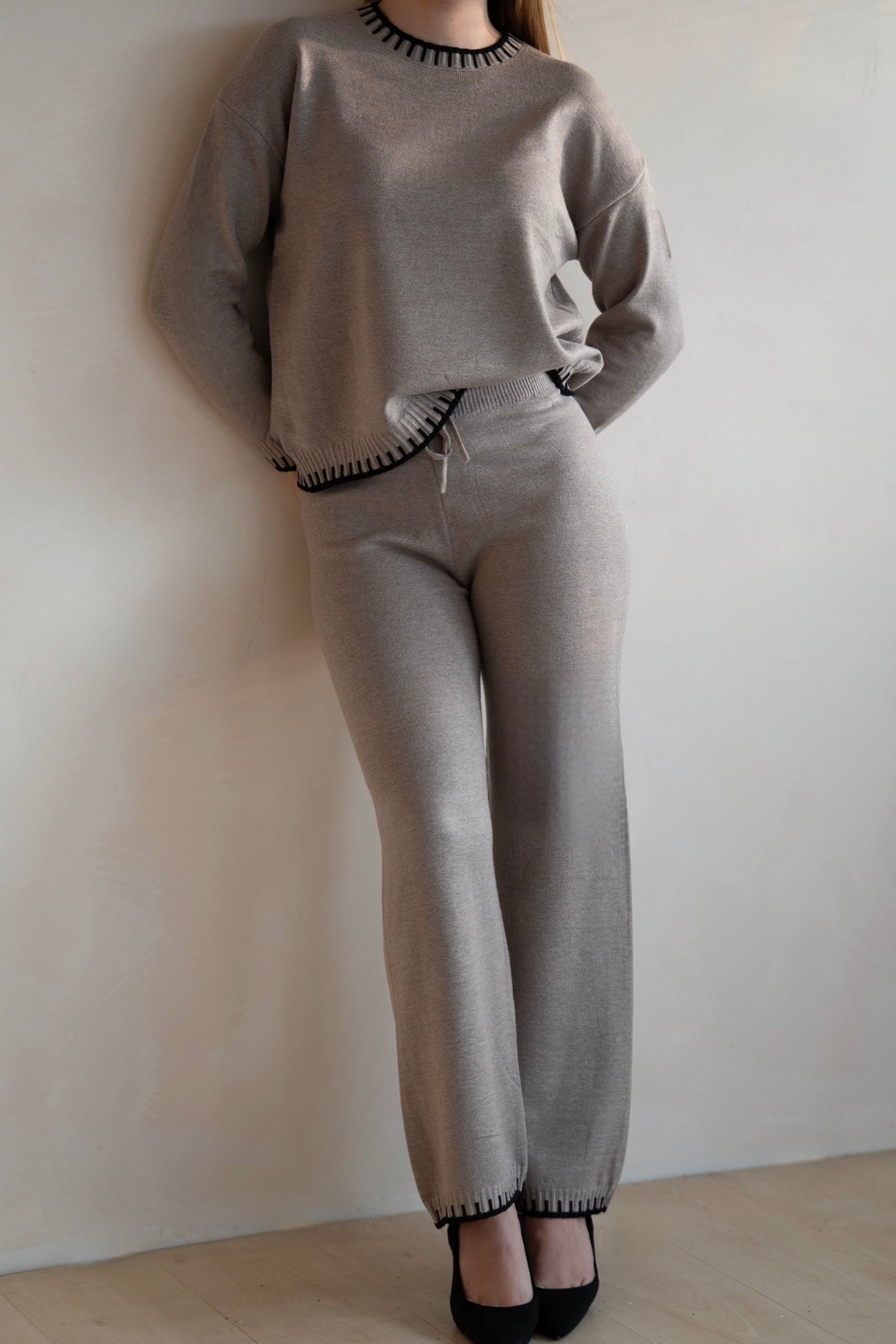 Khaki Knit Lounge Set with Contrast Trim