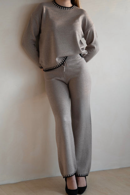 Khaki Knit Lounge Set with Contrast Trim