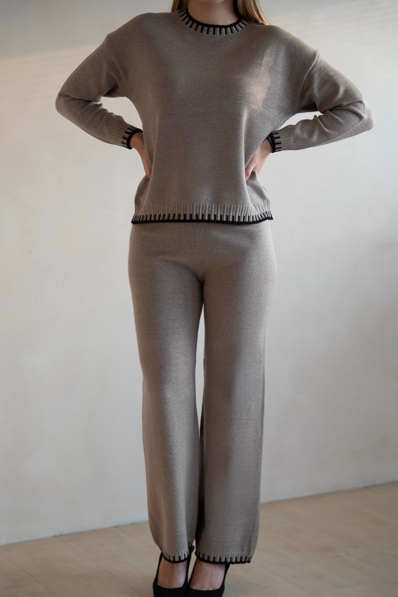 Khaki Knit Lounge Set with Contrast Trim