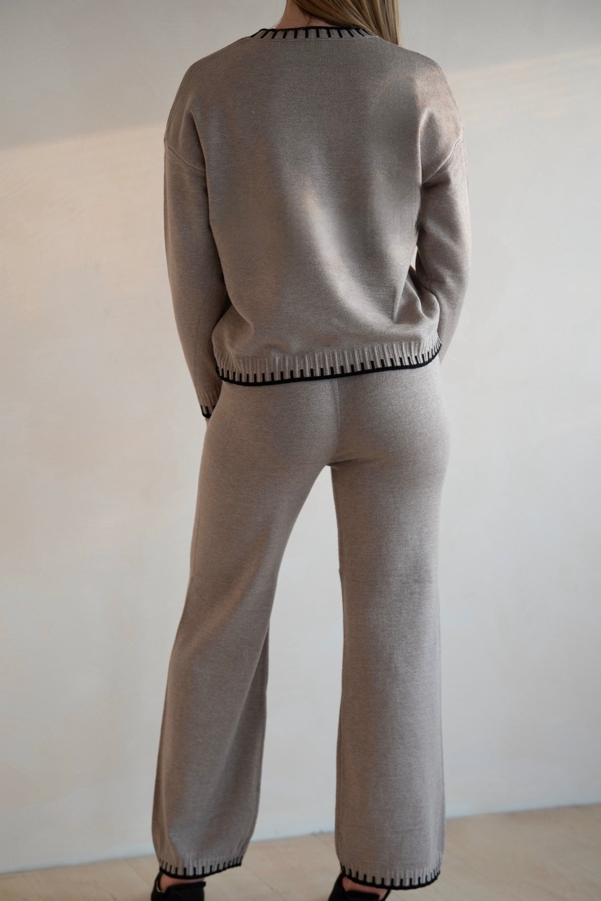 Khaki Knit Lounge Set with Contrast Trim