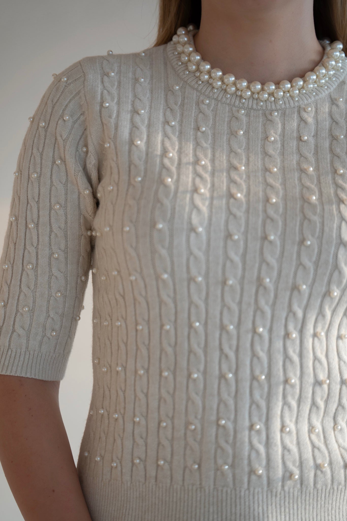 Pearl-Embellished Knit Top - White