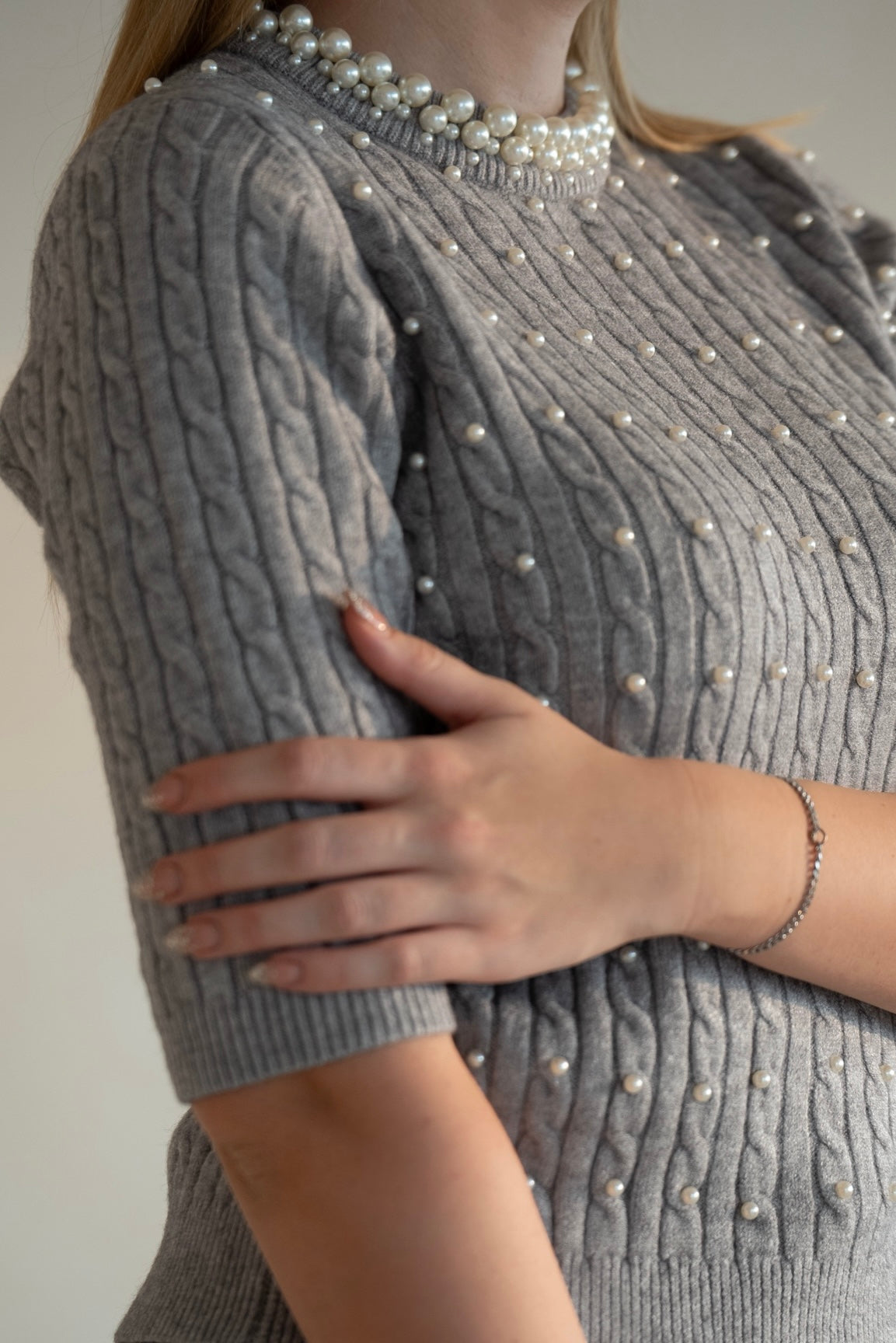 Pearl-Embellished Knit Top - Grey