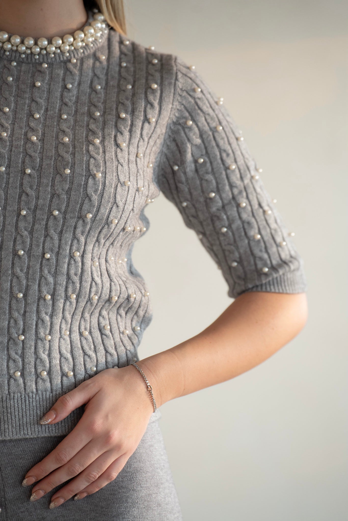 Pearl-Embellished Knit Top - Grey