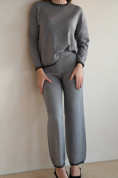 Grey Knit Lounge Set with Contrast Trim