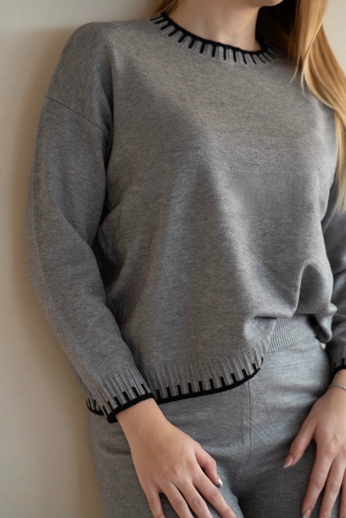 Grey Knit Lounge Set with Contrast Trim