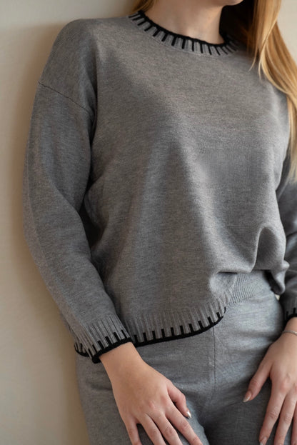 Grey Knit Lounge Set with Contrast Trim