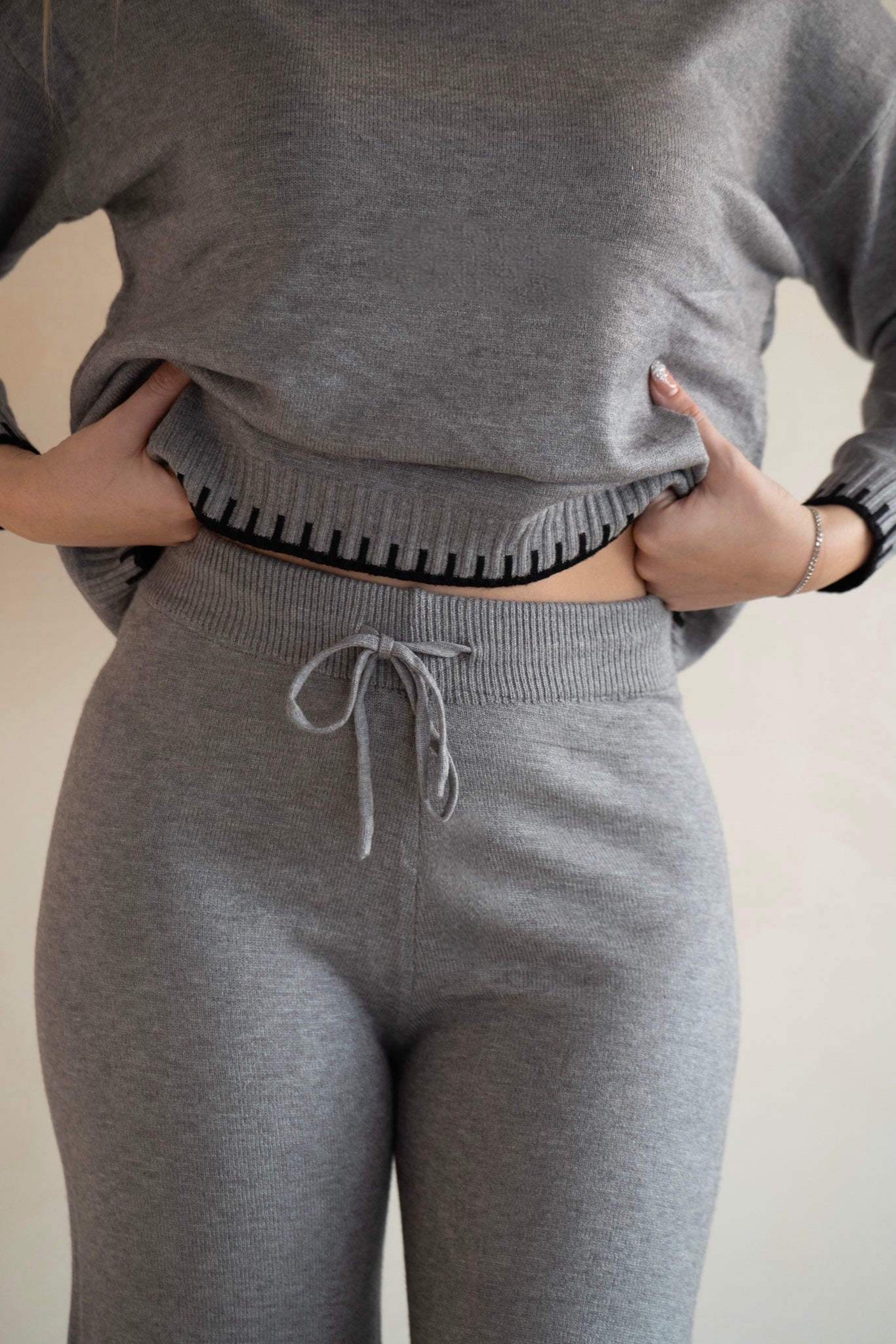 Grey Knit Lounge Set with Contrast Trim