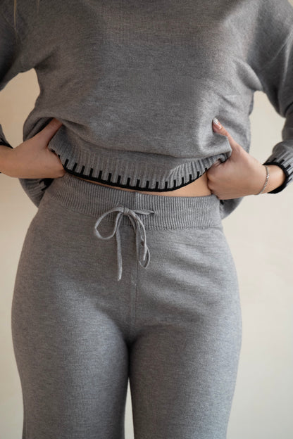 Grey Knit Lounge Set with Contrast Trim
