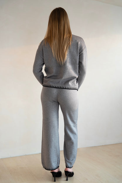 Grey Knit Lounge Set with Contrast Trim