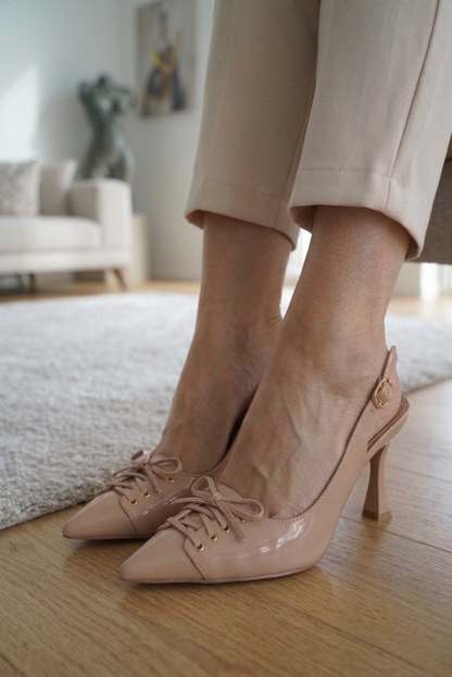 Pantofi cu Toc Nude Ballerina, Sling-Back Lucios